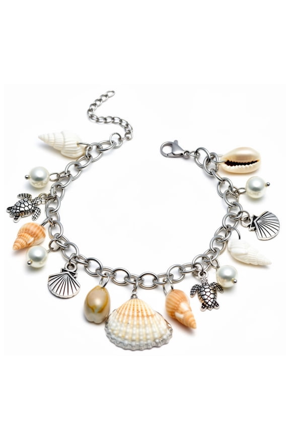 Turtles and Seashells Charm Bracelet for Women by Ginger Lyne Stainless Steel Simulated Pearls