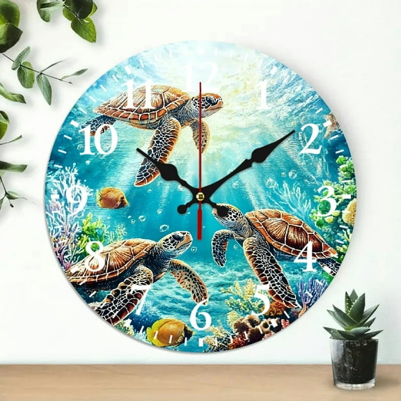 Turtles coral ocean Round Wooden Wall Clock for Home Decor, Wall Decor Battery Operated (AA Not Included), Perfect for Living Room, Dorm, Bedroom, Kitchen, Home Office & More, Wall Clock Living Room