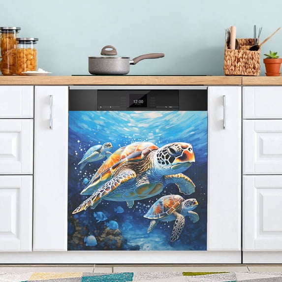 Turtles in Ocean Magnetic Dishwasher Cover Magnet Refrigerator Dishwashers Sticker Kitchen Decorative Art Panel Decal 23"x26"