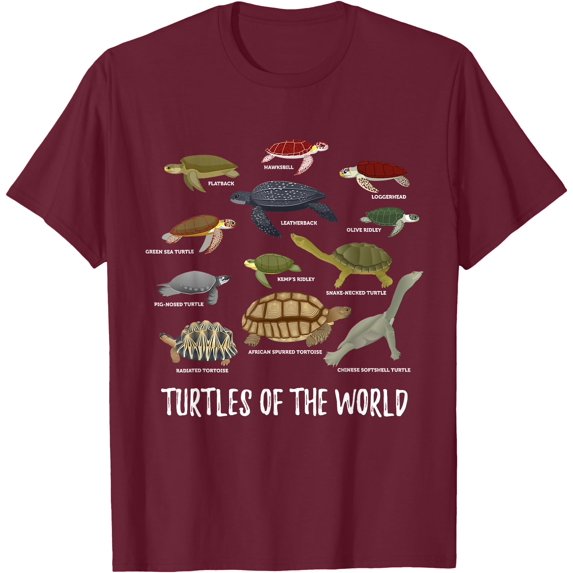 Turtles of the World Apparel Types of Turtle Unisex T-Shirt for Men Women Kids Toddler,Maroon Color,Size 2T