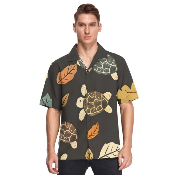 Turtles with Leaves Men's Hawaiian Wrinkle Free Button Down Short Sleeve Shirt Casual Shirts Beach Shirts
