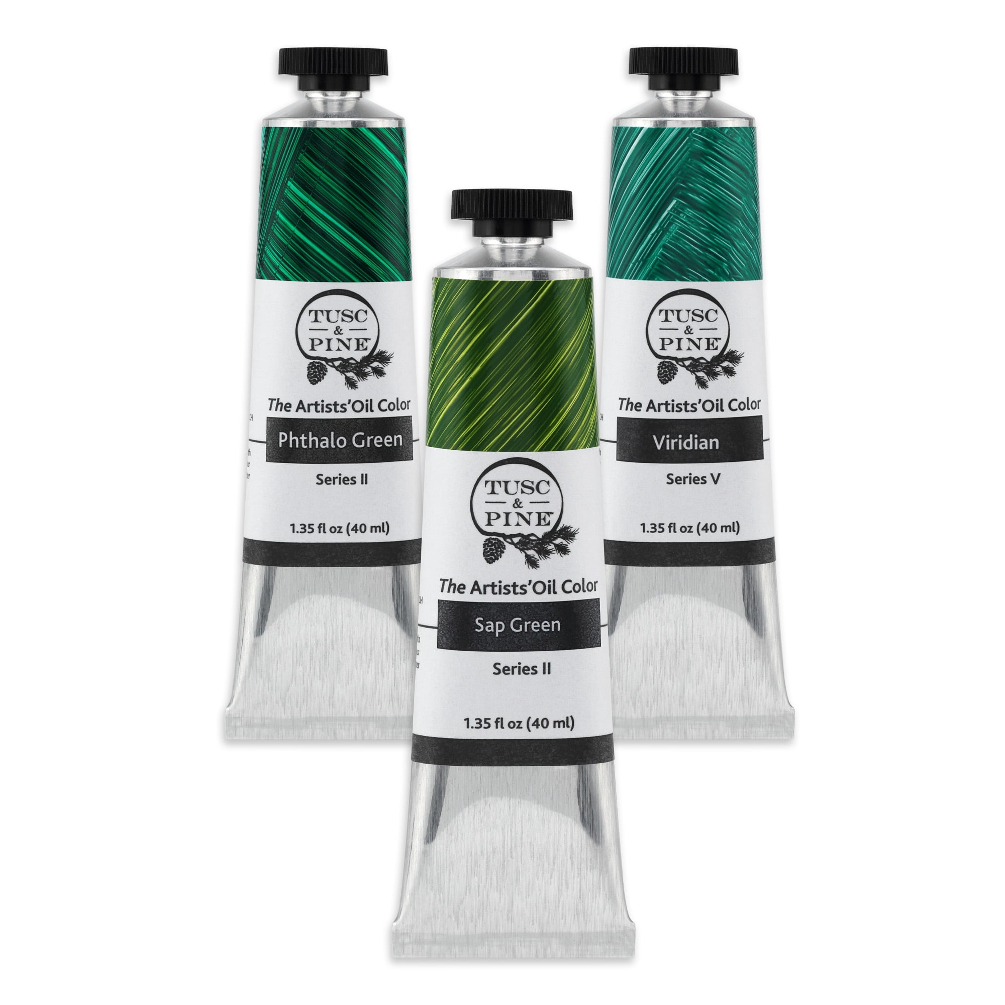 Tusc & Pine Artist Oil Paint - 40 ml Set of 3- Assorted Green Colors - Non-Yellowing, Rich & Creamy Consistency, Maximum Pigment Load, Small Batch Milled Oil Paints Developed for Professional Artists