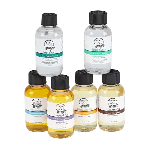 Tusc & Pine Oil Medium Sampler Set of 6 - 3.4oz Bottles, Linseed, Walnut, Safflower, Paint Thinner and Gloss Varnish, Non-Yellowing, Travel-Friendly, Made in USA