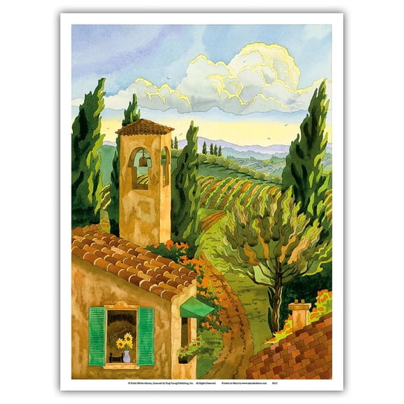 Tuscan Afternoon - Tuscany Italy - Italian Villa Vineyards Cypress Trees - From an Original Watercolor Painting by Robin Wethe Altman - Master Art Print (Unframed) 9in x 12in