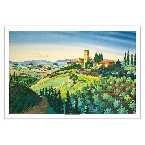 Tuscan Air - Tuscany Italy - Italian Villa Vineyards Cypress Trees - From an Original Watercolor Painting by Robin Wethe Altman - Fine Art Matte Paper Print (Unframed) 30x44in