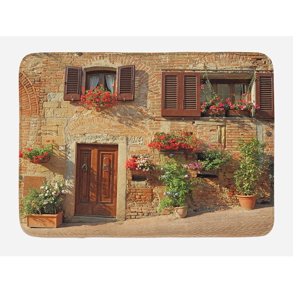 Tuscan Bath Mat, Picturesque Lane with Mediterranean Architecture Flowers Italian Town, Plush Bathroom Decor Mat with Non Slip Backing, 29.5" X 17.5", Pale Brown