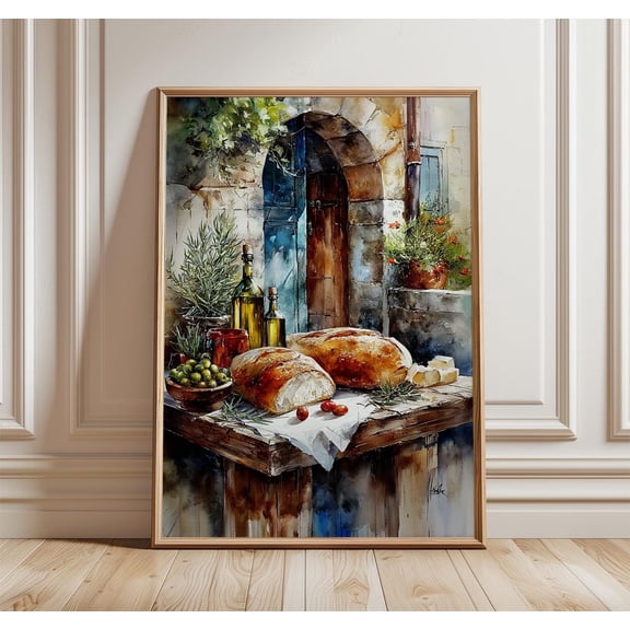 Tuscan Bread And Olives Poster, Rustic Italian Kitchen Wall Art, Unframed Paper Poster 8x10in