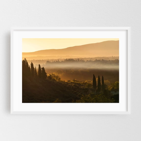 Tuscan Countryside in Autumn - Golden Layers and Fog - Tuscany Italy Photography Landscape Sunset Nature Scenic Rural Autumn Pastel White Framed Wall Art Print 5 x 7 inches