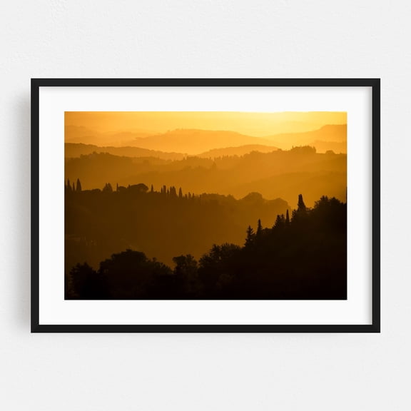 Tuscan Countryside in Autumn - Golden Layers - Tuscany Italy Photography Landscape Sunset Scenic Nature Forest Autumn Rural Black Framed Wall Art Print 5 x 7 inches