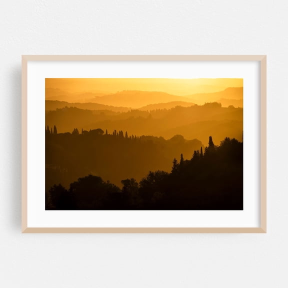 Tuscan Countryside in Autumn - Golden Layers - Tuscany Italy Photography Landscape Sunset Scenic Nature Forest Autumn Rural Oak Framed Wall Art Print 5 x 7 inches