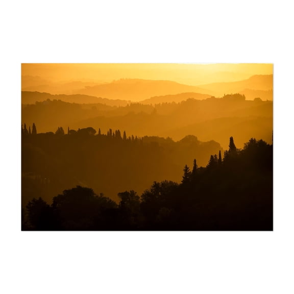 Tuscan Countryside in Autumn - Golden Layers - Tuscany Italy Photography Landscape Sunset Scenic Nature Forest Autumn Rural Unframed Wall Art Print 4 x 6 inches