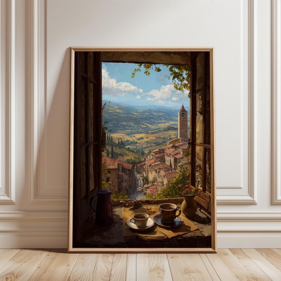 Tuscan Countryside View Print Open Window Coffee Cups Village Rooftops Scenic Italy Wall Decor, Unframed Paper Print