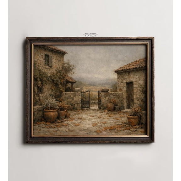 Tuscan Courtyard Wall Decor Rustic Italian Countryside Neutral Vintage Landscape Farmhouse Decor Housewarming Gift