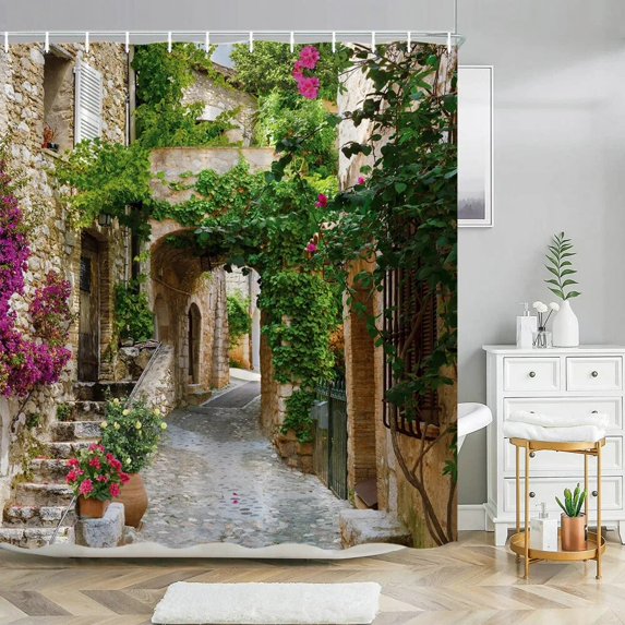 Tuscan Decor Collection Tuscan House with Rustic Wooden Door and Flowers Image Polyester Fabric Shower Curtains Bathroom Decor