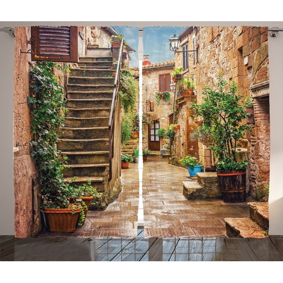 Ambesonne Italy Curtains 2 Panel Set, Old Stone Street Houses, 108" x 84", Multicolor