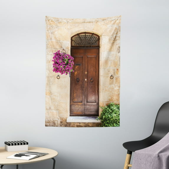Tuscan Decor Wall Hanging Tapestry, Image of Rusty Wood Door with Flowers in Italian Town Authentic Nostalgic Building, Bedroom Living Room Dorm Accessories, 40 X 60 Inches, by Ambesonne