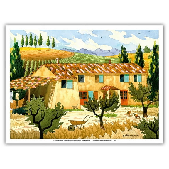 Tuscan Farm Yard - Tuscany Italy - Italian Vineyards Cypress Trees - From an Original Watercolor Painting by Robin Wethe Altman - Master Art Print (Unframed) 9in x 12in