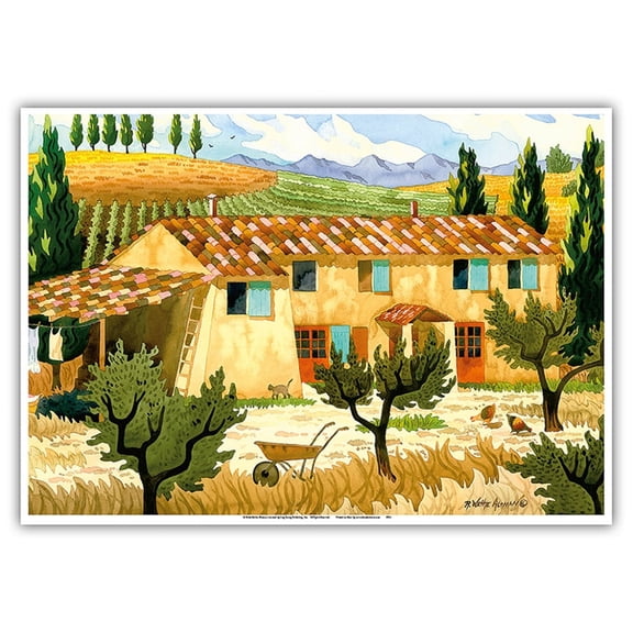 Tuscan Farm Yard - Tuscany Italy - Italian Vineyards Cypress Trees - From an Original Watercolor Painting by Robin Wethe Altman - Master Art Print 10in x 14in