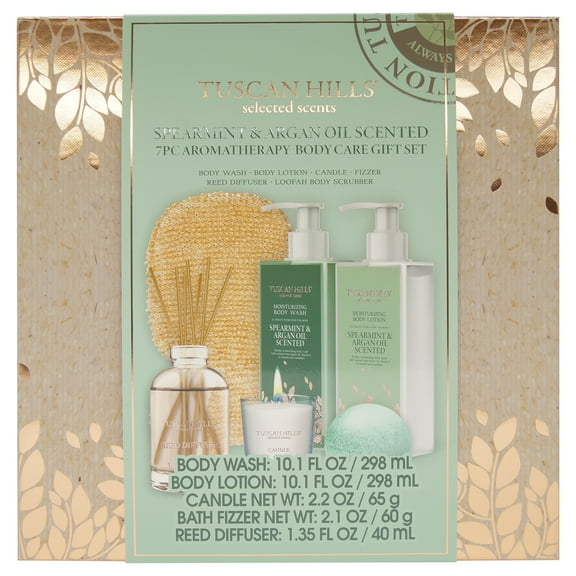 Tuscan Hills Aromatherapy Body Care Gift Set, Spearment and Argon Oil Scent, 7 Piece