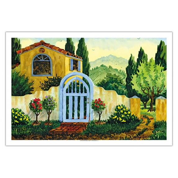 Tuscan Homestead - Tuscany Italy - - From an Original Watercolor Painting by Robin Wethe Altman - Fine Art Matte Paper Print (Unframed) 30x44in