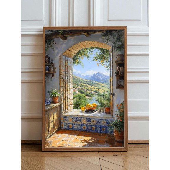 Tuscan Kitchen Lemons Window View Print, Unframed Paper Poster 8x10in