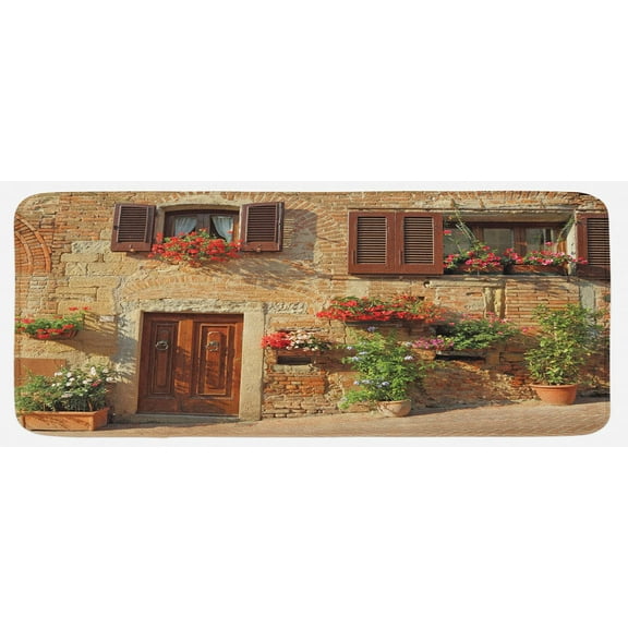 Tuscan Kitchen Mat, Picturesque Lane Mediterranean Architecture Flowers Warm Italian Town, Plush Decorative Kitchen Mat with Non Slip Backing, 47" X 19", Pale Brown