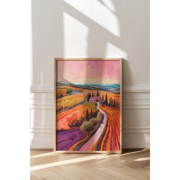 Tuscan Landscape Art Print Colorful Mountain View, Italy, Poster Only