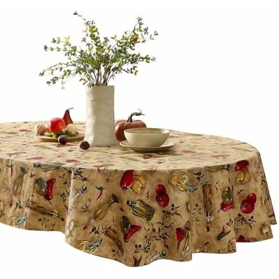 Tuscan Oil and Vinegar Vinyl Tablecloth with Flannel Backing, Tuscany Olive Oil Bottle Print, Wipe Clean Easy Care, 60 x 84 Inch Oval