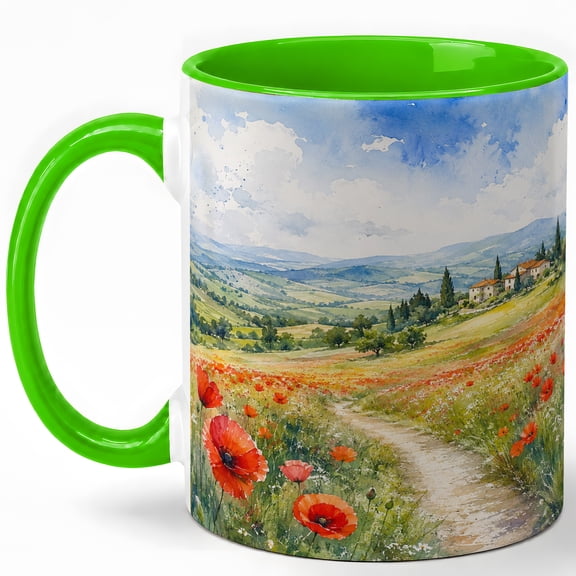 Tuscan Poppy Field 11oz Ceramic Mug, Red Flower Countryside Art