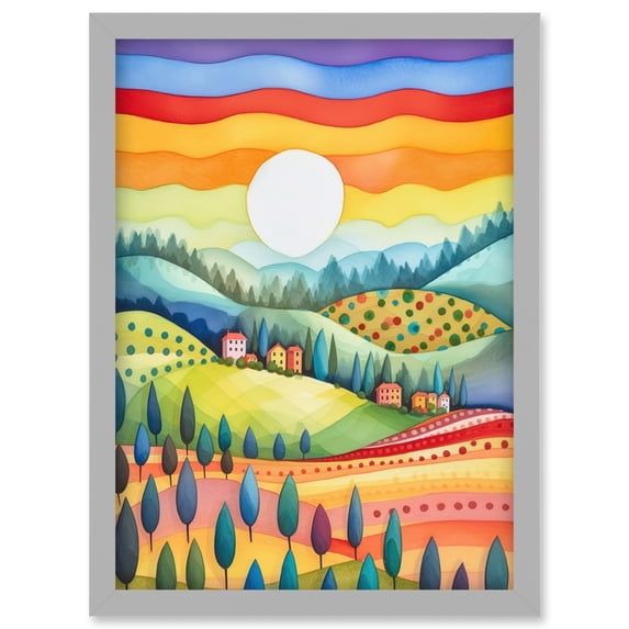 Tuscan Rolling Hills At Sunrise Abstract Folk Art Artwork Framed Wall Art Print A4