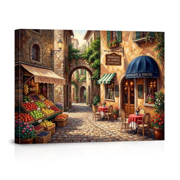 Tuscan Street Market Fruit Cafe Italian Village Landscape For Home Kitchen Canvas