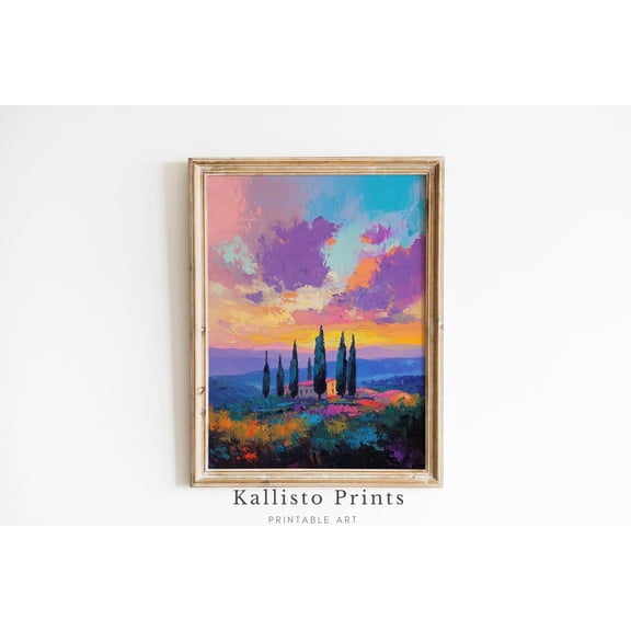 Tuscan Sunset Wall Art Poster Colorful Landscape with Cypress Trees Home Decor, Size 8x12 UNFFRAMED F03.1.6l1820