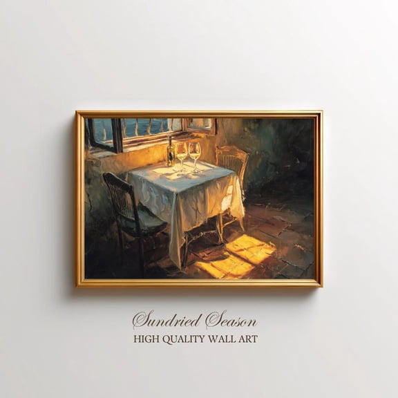 Tuscan Table for Two Wine Glasses Golden Sunset Mediterranean Kitchen, Unframed Paper Poster 8x10in