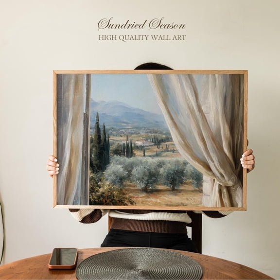 Tuscan Villa Window Art Soft Linen Curtains Rolling Hills Mediterranean, Unframed Paper Poster 8x10in