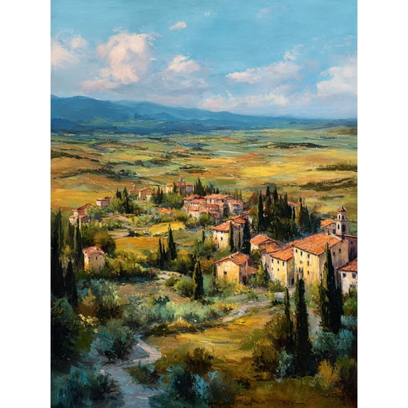 Tuscan Village Landscape Oil Painting Canvas Print, Suitable for Living Room Bedroom Dining Room Home Office Entryway