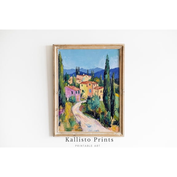 Tuscan Village , Mediterranean Landscape Wall Art, Italy Countryside Home Decor, Colorful Travel Art Print Poster 436, Size 8x12 UNFFRAMED F03.1.6l2044