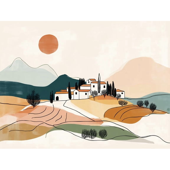 Tuscan Village Sunset Landscape Poster, Italian Hills Wall Decor, Italian Landscape , Poster Print Only
