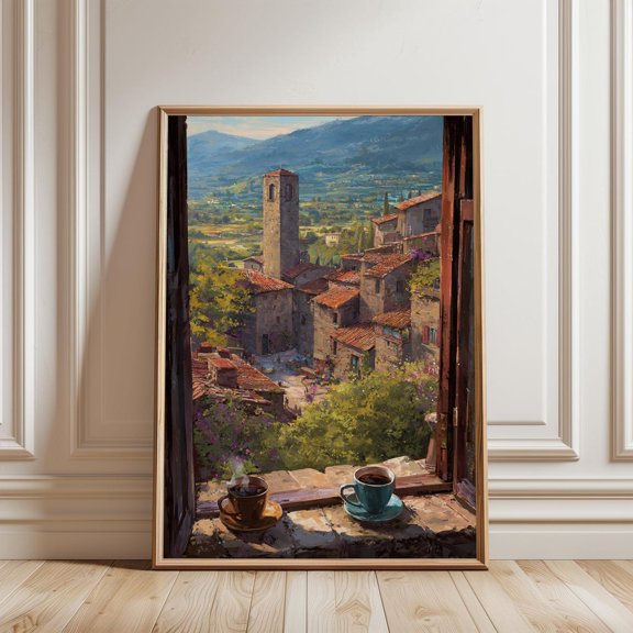 Tuscan Village Window View Art: Sunlit Rooftops Stone Tower Rolling Hills Rustic Italy Scenery, Unframed Paper Print