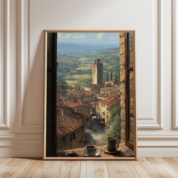 Tuscan Village Window View Print Sunlit Rooftops Rolling Hills Italian Countryside Wall Art, Unframed Paper Print