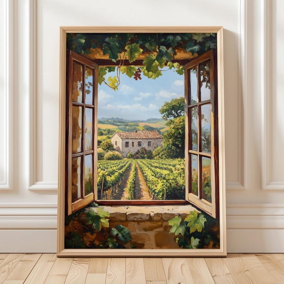 Tuscan Vineyard View Open Window Rustic Farmhouse Italian Winery Porch Decor Unframed Paper Print