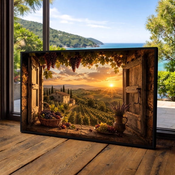 Tuscan Vineyard View Window Scene Rustic Sunset Poster