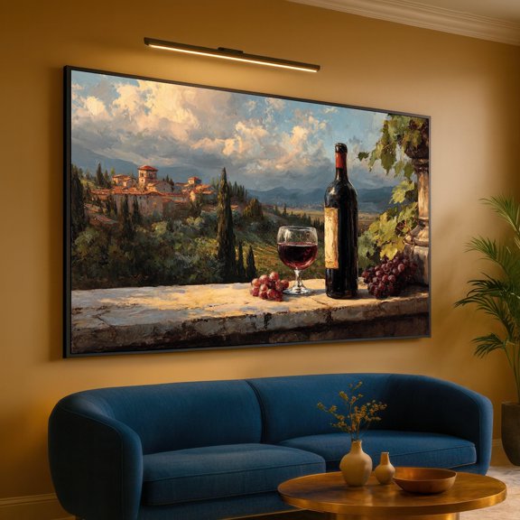 Tuscan Vineyard View With Wine Bottle And Glass Italian Countryside Rustic Theme Landscape