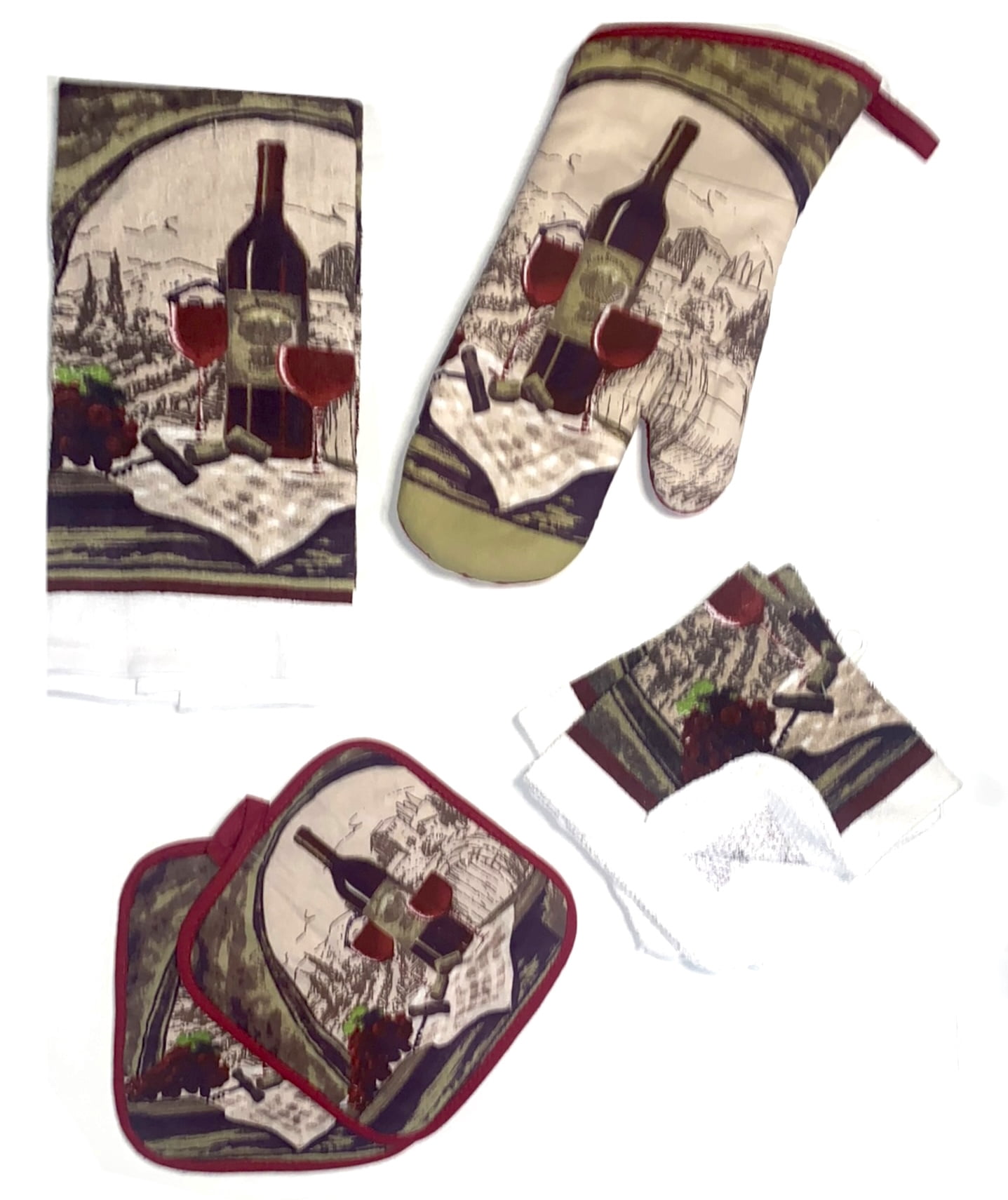 Tuscan Vineyard Wine Bottle Glasses Oven Mitt, Towel, Dish Cloth ...
