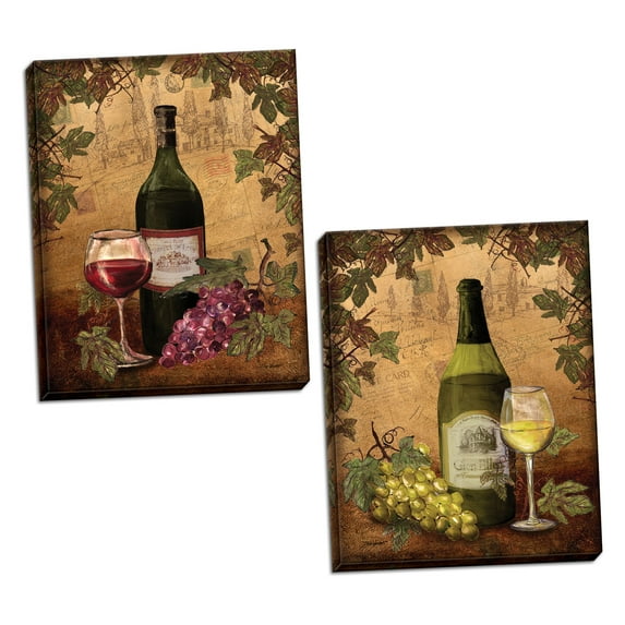 Tuscan White and Red Wine Bottle and Grape Set; 2-11x14" Hand-Stretched Canvas Posters