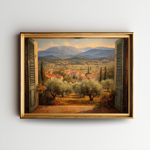 Tuscan Window View Olive Grove Print, Unframed Paper Poster 8x10in