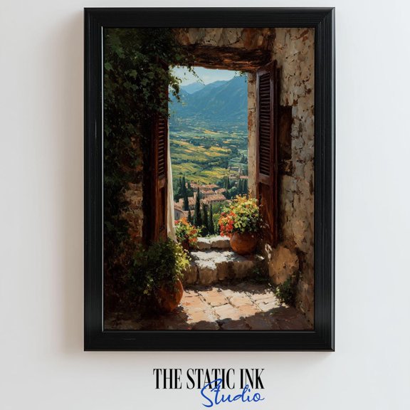 Tuscan Window View Stone Wall Print, Unframed Paper Poster 8x10in