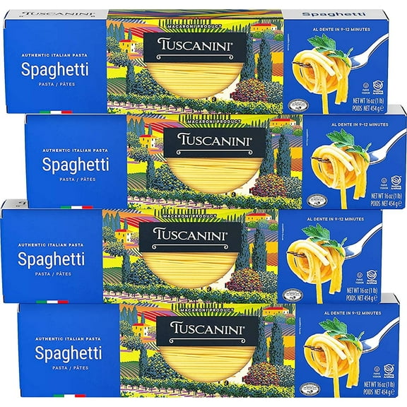 Tuscanini Authentic Italian Spaghetti Pasta Noodles, 16oz 4 Pack Made with Premium Durum Wheat