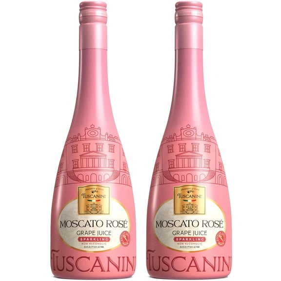 Tuscanini Italian Moscato Rose Sparkling Grape Juice, 25.3oz (2 Pack) | Non Alcoholic Sparkling Juice | Elegant Champagne Bottle | Imported from Italy | Great for Mocktails | Kosher