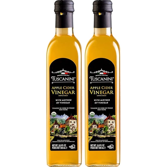 Tuscanini Italian Organic Unfiltered Apple Cider Vinegar with the Mother, 16.9oz (2 Pack) Premium Italian Quality, Certified Kosher
