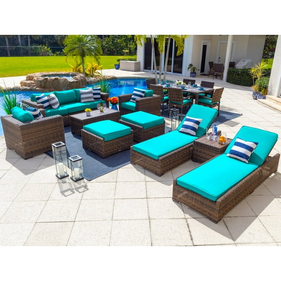 Tuscany 16-Piece Resin Wicker Outdoor Furniture Combination Set with Sofa Lounge Set, Dining Set, and Chaise Lounge Set (Half-Round Brown Wicker, Sunbrella Canvas Aruba)